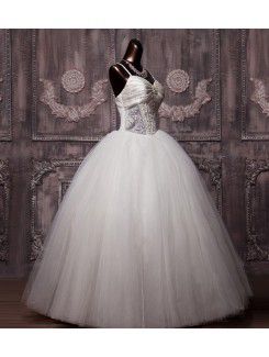 Net Spaghetti Floor Length Ball Gown Wedding Dress with Pearls