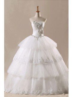 Net Strapless Floor Length Ball Gown Wedding Dress with Handmade Flowers