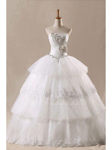 Net Strapless Floor Length Ball Gown Wedding Dress with Handmade Flowers