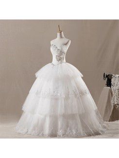 Net Strapless Floor Length Ball Gown Wedding Dress with Handmade Flowers