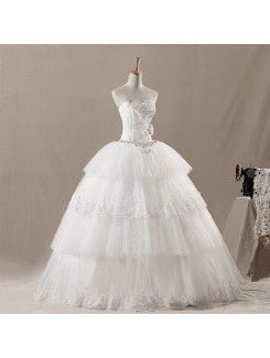 Net Strapless Floor Length Ball Gown Wedding Dress with Handmade Flowers