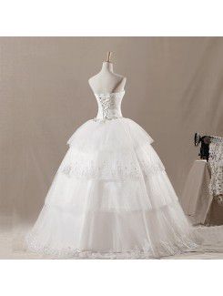 Net Strapless Floor Length Ball Gown Wedding Dress with Handmade Flowers