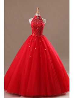 Organza Halter Floor Length Ball Gown Wedding Dress with Crystal