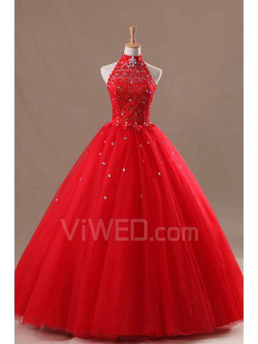 Organza Halter Floor Length Ball Gown Wedding Dress with Crystal