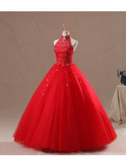 Organza Halter Floor Length Ball Gown Wedding Dress with Crystal