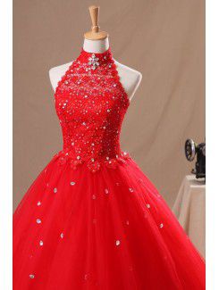 Organza Halter Floor Length Ball Gown Wedding Dress with Crystal