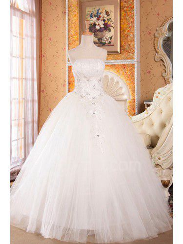 Organza axelbandslös golv längd balklänning bröllopsklänning med kristall