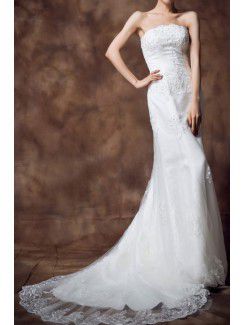 Satin Strapless Chapel Train Sheath Wedding Dress with Sequins