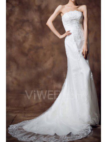 Satin Strapless Chapel Train Sheath Wedding Dress with Sequins