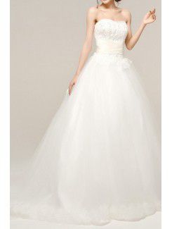 Organza Strapless Sweep Train Ball Gown Wedding Dress with Beading