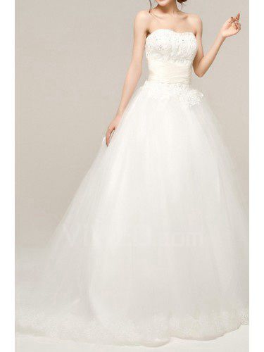 Organza Strapless Sweep Train Ball Gown Wedding Dress with Beading