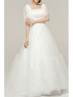 Lace Square Chapel Train A-line Wedding Dress with Embroidered