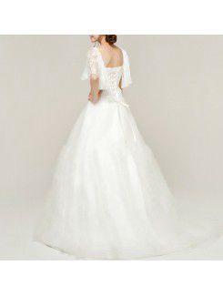 Lace Square Chapel Train A-line Wedding Dress with Embroidered