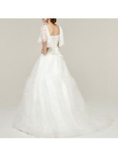 Lace Square Chapel Train A-line Wedding Dress with Embroidered