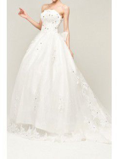 Satin Strapless Chapel Train Ball Gown Wedding Dress with Crystal