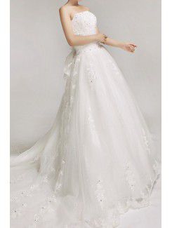 Lace Strapless Cathedral Train Ball Gown Wedding Dress with Crystal