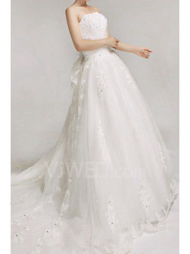 Lace Strapless Cathedral Train Ball Gown Wedding Dress with Crystal