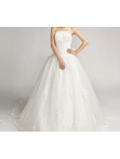 Lace Strapless Cathedral Train Ball Gown Wedding Dress with Crystal