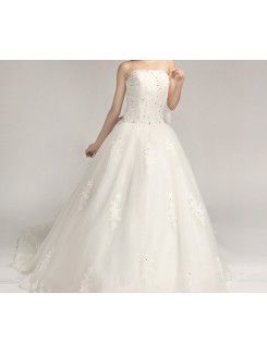 Lace Strapless Cathedral Train Ball Gown Wedding Dress with Crystal