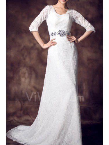 Lace Scoop Chapel Train Empire Wedding Dress with Crystal