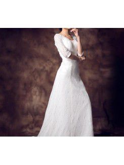 Lace Scoop Chapel Train Empire Wedding Dress with Crystal