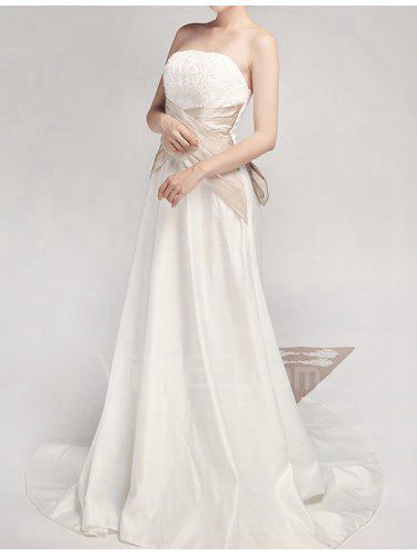 Satin Strapless Cathedral Train A-line Wedding Dress