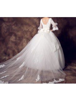 Lace V-neck Chapel Train Ball Gown Wedding Dress with Sequins