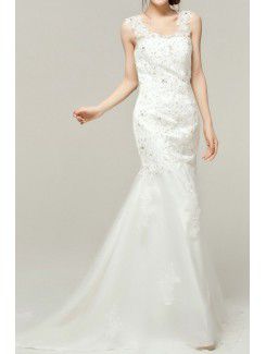 Lace Straps Cathedral Train Mermaid Wedding Dress with Sequins