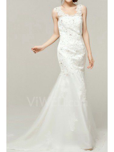 Pizzo spalline cattedrale treno abito da sposa sirena con paillettes