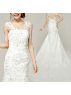 Lace Straps Cathedral Train Mermaid Wedding Dress with Sequins