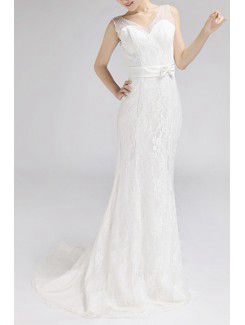 Lace V-neck Sweep Train Empire Wedding Dress with Sequins