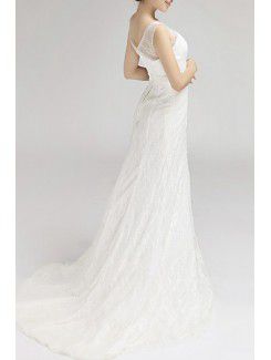 Lace V-neck Sweep Train Empire Wedding Dress with Sequins