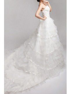 Organza Strapless Cathedral Train A-line Wedding Dress with Crystal