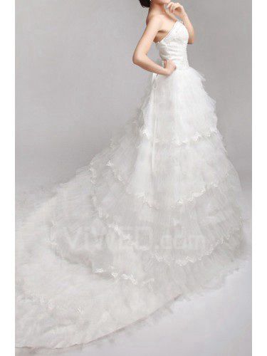 Organza Strapless Cathedral Train A-line Wedding Dress with Crystal
