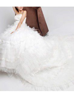 Organza Strapless Cathedral Train A-line Wedding Dress with Crystal