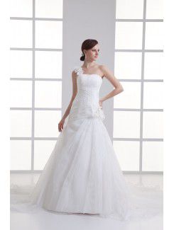 Organza Sweetheart A-line Sweep Train Hamd-made Flower Wedding Dress