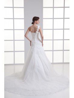 Organza Sweetheart A-line Sweep Train Hamd-made Flower Wedding Dress