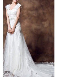 Lace Off-the-Shoulder Cathedral Train Sheath Wedding Dress with Crystal