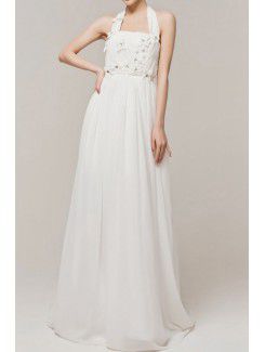 Halter sweep treno abito da sposa impero in chiffon con fiori fatti a mano