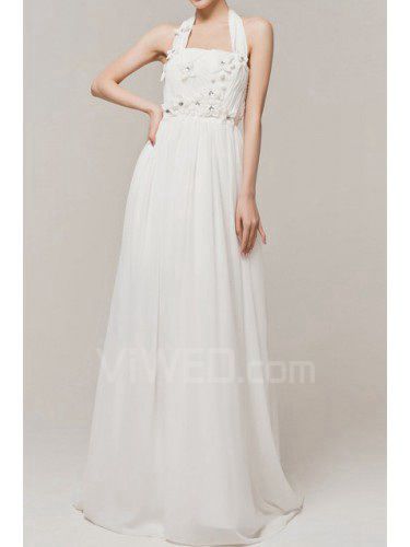 Halter sweep treno abito da sposa impero in chiffon con fiori fatti a mano