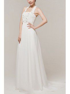 Chiffon Halter Sweep Train Empire Wedding Dress with Handmade Flowers