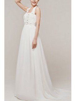 Chiffon Halter Sweep Train Empire Wedding Dress with Handmade Flowers