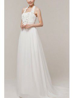 Chiffon Halter Sweep Train Empire Wedding Dress with Handmade Flowers