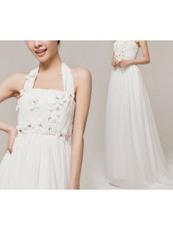 Chiffon Halter Sweep Train Empire Wedding Dress with Handmade Flowers