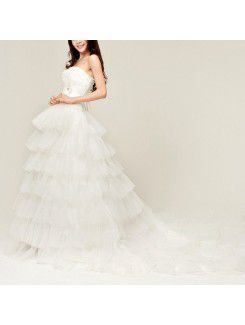 Organza Strapless Cathedral Train Ball Gown Wedding Dress with Sequins