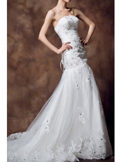 Raso senza spalline cappella treno abito da sposa guaina con paillettes