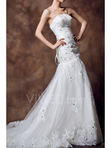 Raso senza spalline cappella treno abito da sposa guaina con paillettes