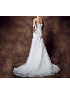 Satin Strapless Chapel Train Sheath Wedding Dress with Sequins