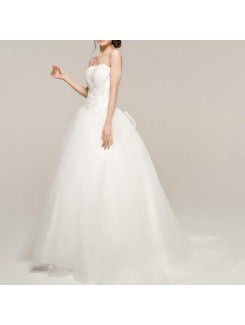 Satin Strapless Sweep Train A-line Wedding Dress with Crystal