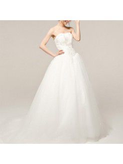 Satin Strapless Sweep Train A-line Wedding Dress with Crystal